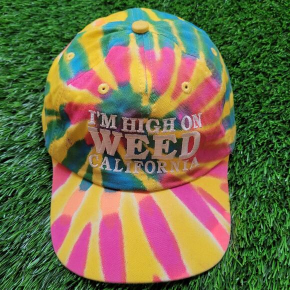 "I'm High on Weed California" Tie-Dye Funny Novelty Strapback Hat - Picture 1 of 7